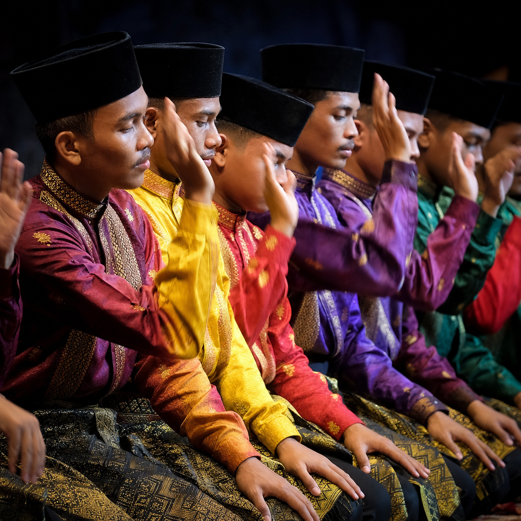 Penari Saman Aceh melakukan gerakan tangan sinkron dalam kostum songket warna-warni