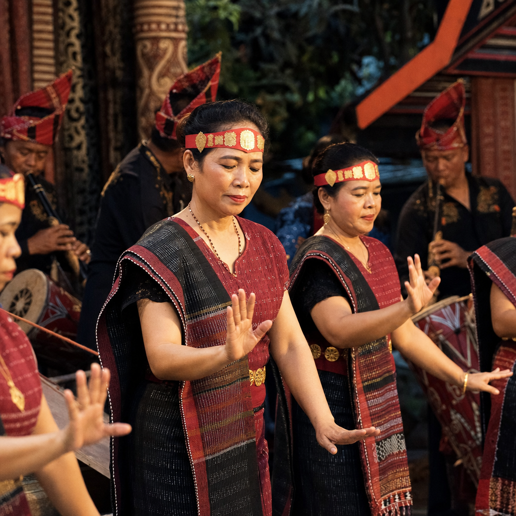 Penari Tor-tor Batak Toba dengan ulos merah hitam dan pemain gondang di latar belakang