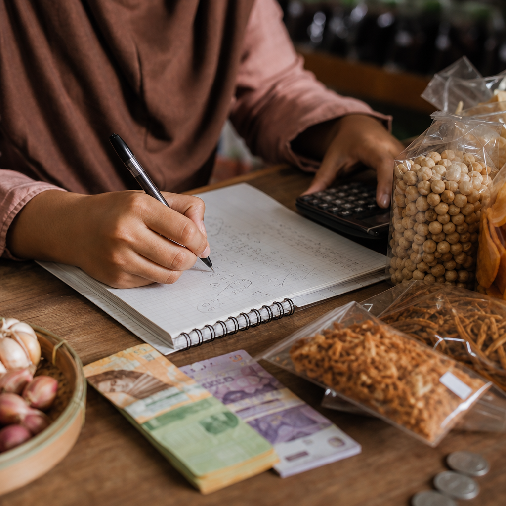 Tangan pemilik UMKM menghitung harga jual di buku catatan dengan produk dan uang