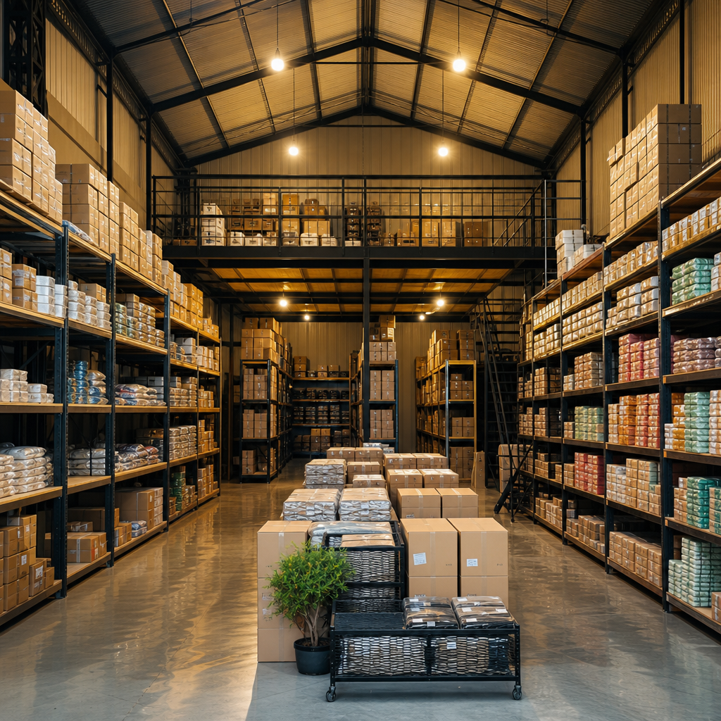 Gudang UMKM dengan inventory terorganisir di rak-rak box berlabel